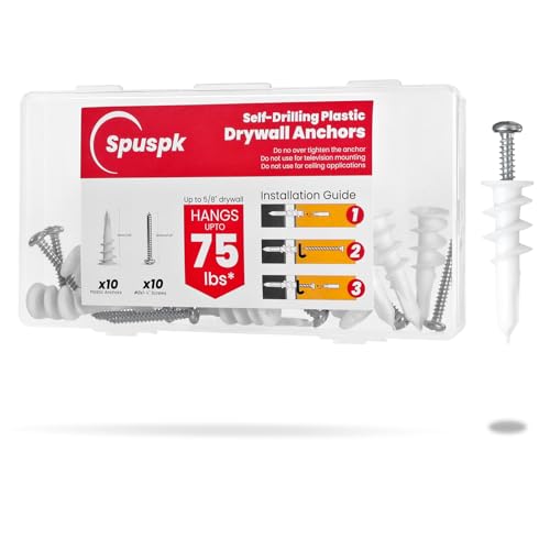 Spuspk #8 Self Drilling Drywall Anchors,120Pcs Wall Anchors and Screws for Drywall, 60 Self-Tapping/Threaded Plastic Sheetrock Anchors + 60#8 x 1-1/4'' Screws, 75LB Hanging and Mounting