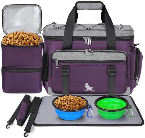 IGOLUMON Dog Travel Bag Weekend Pet Travel Bag Set for Supplies Large Dog Camping Kit Airline Approved Tote Organizer with Multi Pockets, 2 Large Food Containers, 2 Dog Bowls, 1 Feeding Mat