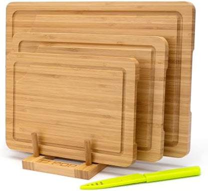 Bamboo Cutting Board for Kitchen, Bamboo Cutting Board Set of 3 with Juice Groove, Double-Sided Chopping Board Serving Board with Hanging Hole for Meat, Vegetables and Cheese