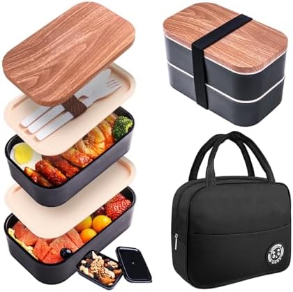 Bento Box Adult Lunch Box with Lunch Bag,Japanese Lunch Box Containers for Adult,Bento Lunch Box with Leakproof 54OZ Black (Black)
