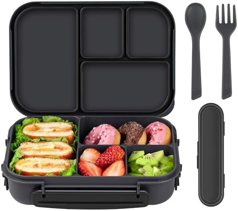 Amathley Lunch Box Kids,Bento Box Adult Lunch Box,Leakproof Lunch Containers for Adults/Kids/Toddler,1200ML-4 Compartments bento Lunch box with Utensil,Microwave & Dishwasher Safe(Dark Gray)