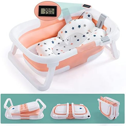 Baby BathTub, 4-in-1 Newborn to Toddler Tub with Temperature Sensor,Infant Waterproof Ear Cap and Soft Cushion included,Blue
