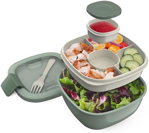 Bentgo Salad - Stackable Lunch Container with Large 54-oz Salad Bowl, 4-Compartment Bento-Style Tray for Toppings, 3-oz Sauce Container for Dressings, Built-in Reusable Fork & BPA-Free (Khaki Green)