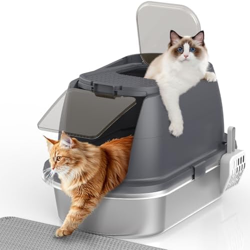 OGEMXU Stainless Steel Litter Box with Lid, Top Entry Covered Kitten Litter Box, Enclosed Litter Tray for Easy Cleaning & Odor Control, Includes Scoop and Litter Mat, Gray