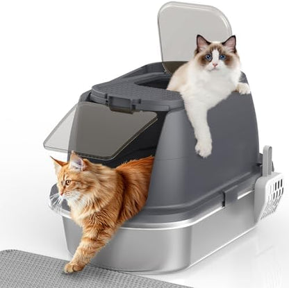 OGEMXU Stainless Steel Litter Box with Lid, Top Entry Covered Kitten Litter Box, Enclosed Litter Tray for Easy Cleaning & Odor Control, Includes Scoop and Litter Mat, Gray
