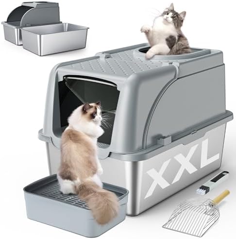 Stainless Steel Litter Box, XXL Large Metal Covered Litter Boxes, Dual Entrance Detachable Cat Litter Box with Lid, 16.6'' High Wall Urine Leak Prevention with Cat Litter Scoop (Gray)