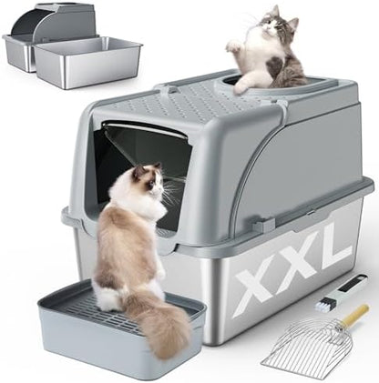 Stainless Steel Litter Box, XXL Large Metal Covered Litter Boxes, Dual Entrance Detachable Cat Litter Box with Lid, 16.6'' High Wall Urine Leak Prevention with Cat Litter Scoop (Gray)