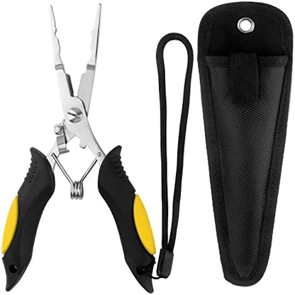 Fishing Pliers Stainless Steel Hook Remover Braid Cutter Rustproof Saltwater Split Ring Pliers Fishing Multi-Tools with Sheath and Lanyard