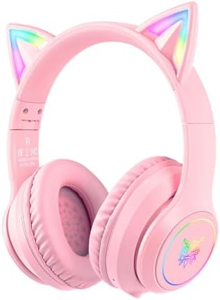 Bluetooth Cat Ear Headphones for Kids & Adults, Wireless Wired Dual Channel, SIMGAL Foldable Over-ear Headsets with RGB Lights, Control Volume & Built-in Mic, For Cell Phones/PC/Tablet/Laptop (A Pink)