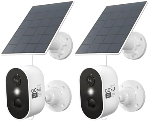 AOSU 2K Security Camera Wireless Outdoor, Solar Powered Security Camera with Spotlight, Siren, Motion Detection, Full Color Night Vision, 2-Way Audio, IP66, Compatible with Alexa, 2.4GHz WiFi (2PACK)