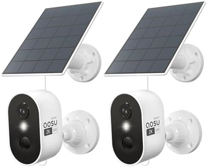 AOSU 2K Security Camera Wireless Outdoor, Solar Powered Security Camera with Spotlight, Siren, Motion Detection, Full Color Night Vision, 2-Way Audio, IP66, Compatible with Alexa, 2.4GHz WiFi (2PACK)