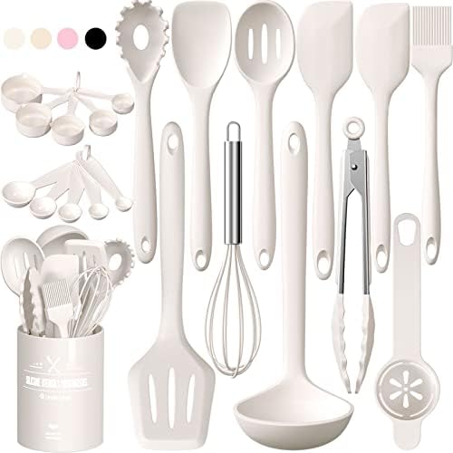 Silicone Kitchen Cooking Utensils Set, Umite Chef 22Pcs Heat Resistant Kitchen Utensils, Spatula, Spoon, Whisk, Dishwasher Safe Kitchen Utensil Gadgets Tools Set for Nonstick Cookware(Khaki)