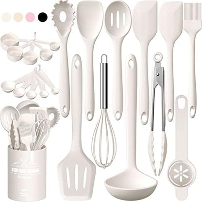 Silicone Kitchen Cooking Utensils Set, Umite Chef 22Pcs Heat Resistant Kitchen Utensils, Spatula, Spoon, Whisk, Dishwasher Safe Kitchen Utensil Gadgets Tools Set for Nonstick Cookware(Khaki)