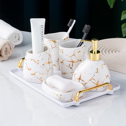 White Bathroom Accessories Set,Modern Countertop Bathroom Decor,Luxury 6 Piece Bathroom Accessory Set,Complete with Soap Dispenser,Toothbrush Holder,Tumbler,Tray
