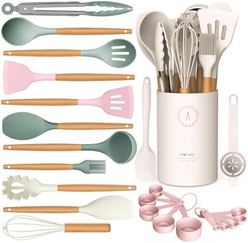 Silicone Cooking Utensils Set - Silicone Kitchen Utensils for Cooking Wooden Handles, 446°F Heat Resistant Kitchen Utensil Spatula Sets w Holder, Gadgets for Non-Stick Cookware BPA Free (Black)