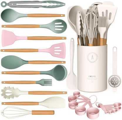 Silicone Cooking Utensils Set - Silicone Kitchen Utensils for Cooking Wooden Handles, 446°F Heat Resistant Kitchen Utensil Spatula Sets w Holder, Gadgets for Non-Stick Cookware BPA Free (Black)