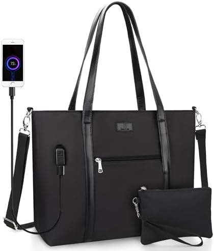 Laptop Bag for Women 17.3 Inch Laptop Tote Bag Large Work Tote Bag Waterproof Work Bag Teacher Bag with USB Charging Port Computer Tote Bag Nylon Handbag Satchel Shoulder Bag(17.3 inch, Black) - PuriLite