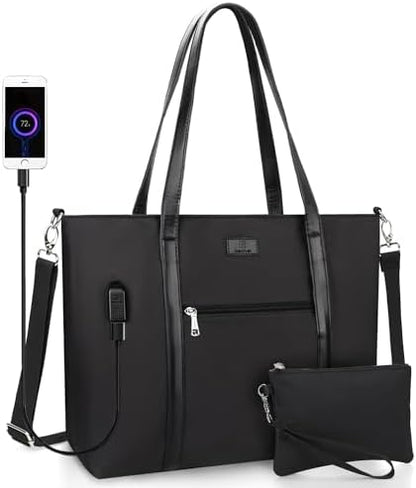 Laptop Bag for Women 17.3 Inch Laptop Tote Bag Large Work Tote Bag Waterproof Work Bag Teacher Bag with USB Charging Port Computer Tote Bag Nylon Handbag Satchel Shoulder Bag(17.3 inch, Black) - PuriLite