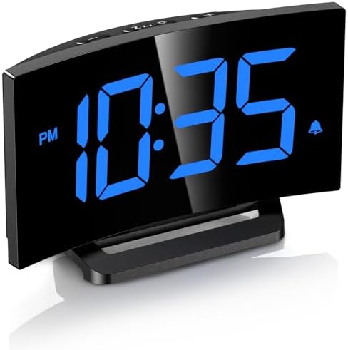 GOLOZA Digital Alarm Clock for Bedrooms, Modern Curved Design, Conspicuous Blue LED Numbers, 6 Levels Brightness, 3 Alarm Tones,2 Volume, Snooze, Power-Off Memory, 12/24H, Bedside Clock