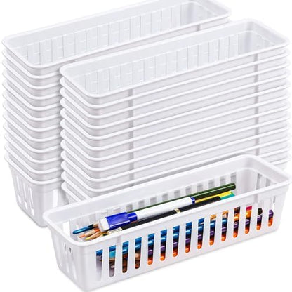 Domensi 24 Pcs Slim Plastic Storage Baskets 10.25 x 3.25 x 2.5 Inches Storage Bins White Drawer Organizer Trays Pencil Holder for Desk Pen Baskets Tray Classroom Garage Containers Supplies (White)