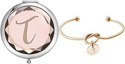 Compact Crystal Pocket Makeup Mirrors Set - Letter Mirror and Love Knot Bracelets for Bachelorette Party, Bridesmaid Proposal, Wedding Gifts (Champagne-B)