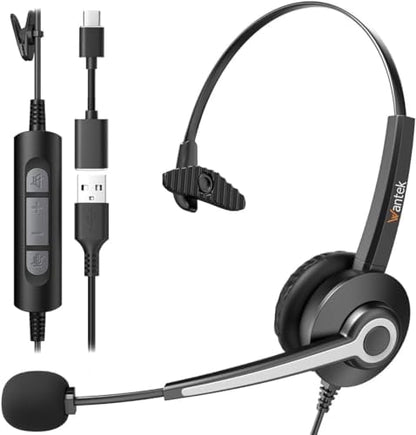 Wantek USB Headsets with Microphone for PC, Stereo Computer Headset with Mic Noise Reduction & in-line Control, 3.5mm/USB Wired Headphones, PC Headset with Mute for Zoom Skype Webinar Office