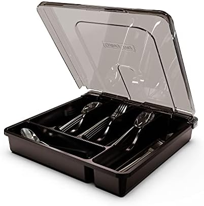 Silverware Tray with Lid, Utensil Drawer Organizer for Kitchen Countertop Plastic Flatware Organizers and Storage holder 5 Compartments,Blue