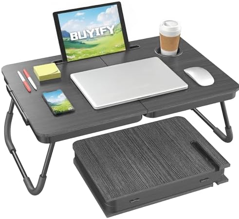 BUYIFY Portable Foldable Laptop Desk for Bed and Couch, Adjustable Lap Desk with Cup Holder and Phone Holder, Ideal for Working, Reading, Writing, and Breakfast (Black)-USA Original Patent