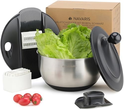 Navaris Salad Spinner with Lid - Salad Spinner Stainless Steel - Salad Dryer - Easy Washing, Drying and Spinning - Includes Grating and Slicing Discs