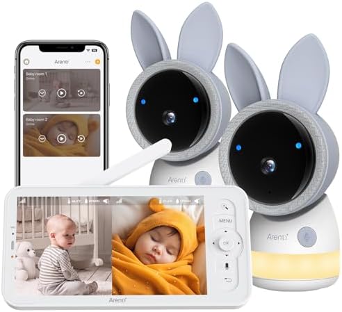 Arenti Baby Monitor 2 Cameras, 2K Smart Baby Camera 2PC with 5-Inch Upgraded Wireless Display 1PC, Super Night Vision, Lullabies, Cry & Motion Detection, Temp & Humidity Sensor, Two Way Audio, ‎Wifi 6