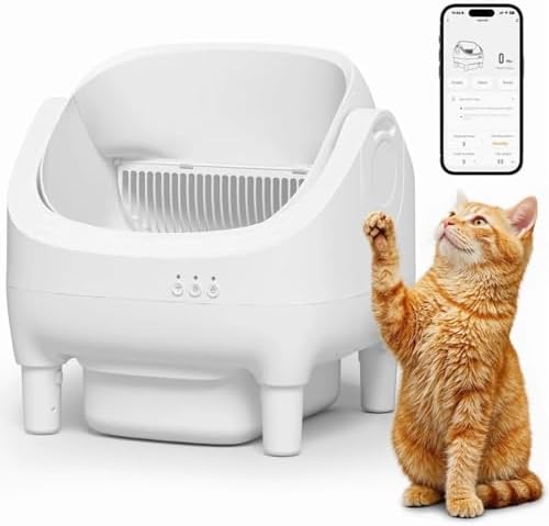 GUNJI Self Cleaning Cat Litter Box, Open-Top Automatic Self-Cleaning Litter Box, Design for Multi-Cat Families, Integrated Safety Protection, Includes Trash Bags (Brown)
