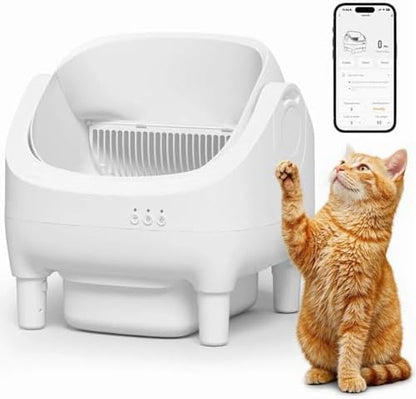 GUNJI Self Cleaning Cat Litter Box, Open-Top Automatic Self-Cleaning Litter Box, Design for Multi-Cat Families, Integrated Safety Protection, Includes Trash Bags (Brown)
