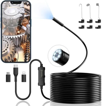Endoscope Camera with Light, Ennovor 1920P HD, Endoscope Inspection with 8 Adjustable LED Lights, Borescope with Flexible Rigid Snake Camera, IP67 Waterproof and No WiFi Required, for Android iOS
