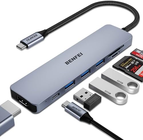 BENFEI USB C HUB 7in1, USB C HUB Multiport Adapter with USB-C to HDMI, USB-C to SD/TF Card Reader/3*USB 3.0/100W Power Delivery, Compatible with iPhone 15 Pro/Max, MacBook, iPad Pro, iMac, S23, XPS17
