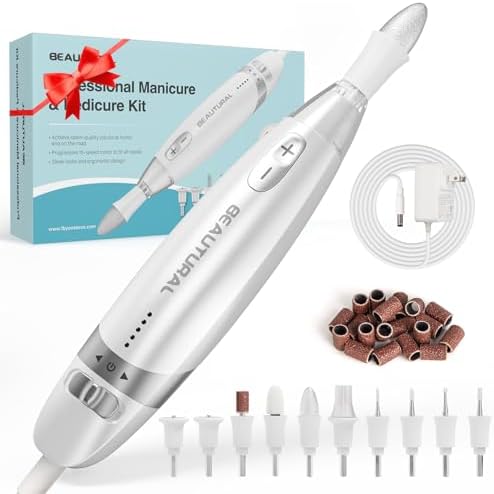 BEAUTURAL Professional Manicure and Pedicure Set Kit, Upgraded Electric Nail Drill Machine, 10-Piece Attachments Plus 20 Sanding Bands, Electric Nail File Set, Hand Foot & Nail Tools [Not Cordless]