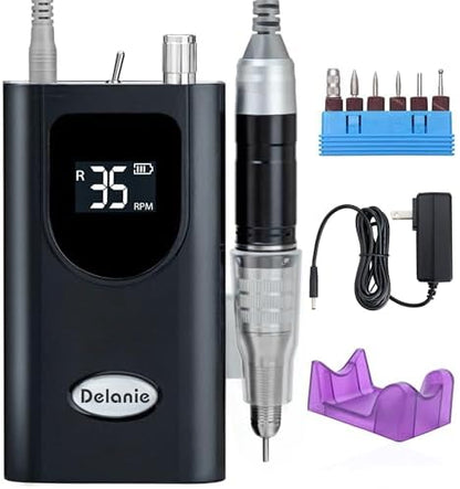Delanie Professional Nail Drill High Torque 35000 RPM Rechargeable Portable Electric Nail File for Acrylic & Gel, High Speed, Low Heat, Low Vibration, Rose Gold