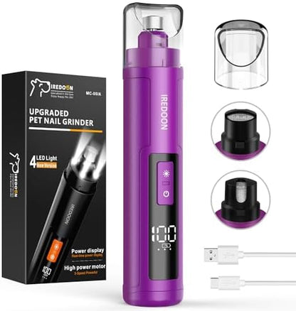IREDOON Dog Nail Grinder Upgraded - Professional 3-Speed Super Quiet and Low Vibration Electric Pet Nail Grinder with 4 LED Lights - Painless Paws Grooming & Smoothing for Small to Large Dogs (Purple)