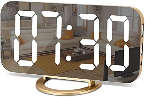 SZELAM Digital Clock Large Display, LED Alarm Electric Clocks Mirror Surface for Makeup with Diming Mode, 3 Levels Brightness, Dual USB Ports Modern Decoration for Home Bedroom Decor-Black
