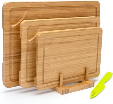Bamboo Cutting Board Set of 3, Cutting Boards for Kitchen with Juice Groove, Bamboo Chopping Board Set, Serving Board Set for Meat, Fruit Vegetable and Cheese