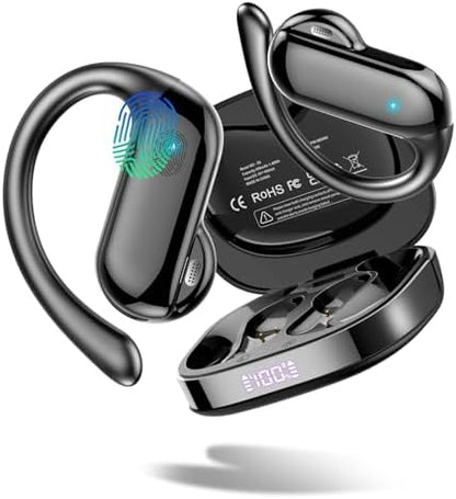 Open Ear Headphones, Bluetooth 5.4 Wireless Earbuds with HD Clear Calls, 32Hrs Immersive Stereo Air Conduction Earphones with Earhooks, LED Display, IPX7 Lightweight Open Ear Buds for Sports Blue