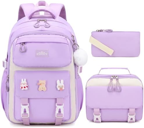 DIGOBAY Girls Backpack, School Backpack for Girls with Lunch Box Pencil Case Set for Teen Kids Girl Elementary Primary Middle High College School Bookbag with Cute Pins Pink