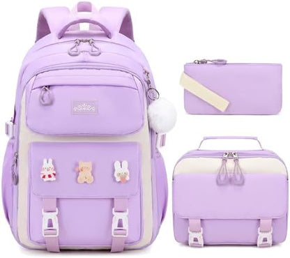 DIGOBAY Girls Backpack, School Backpack for Girls with Lunch Box Pencil Case Set for Teen Kids Girl Elementary Primary Middle High College School Bookbag with Cute Pins Pink
