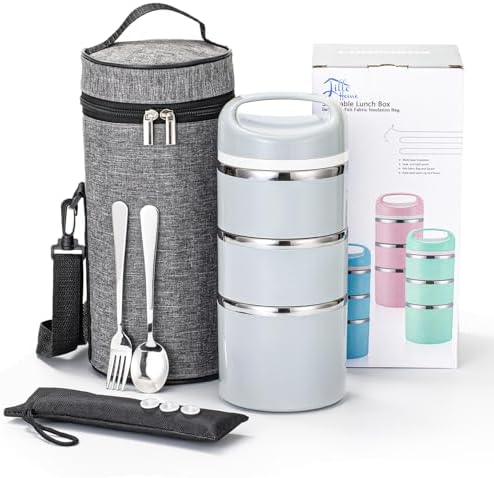 Lille Home Stackable Stainless Steel Thermal Compartment Lunch/Snack Box, 3-Tier Insulated Bento/Food Container with Lunch Bag, Cutlery Set and 3 Extra Seals, 43OZ (Gray)