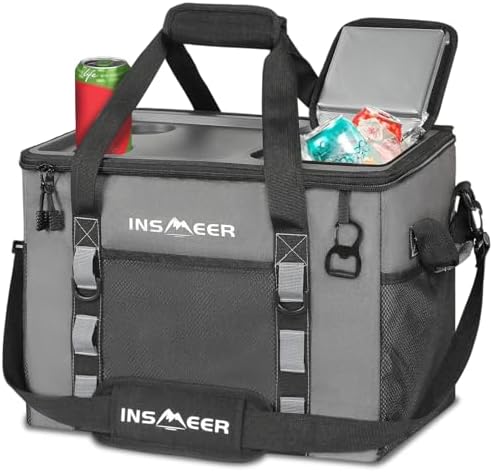 INSMEER Hard Top Soft Cooler with 2 Cup Holders, Large Foldable Cooler Bag - 40L/70 Cans, 100% Leakproof/Insulated/Portable Glaciere with Shoulder Strap for Travel, Beach, Camping, BBQ, Events