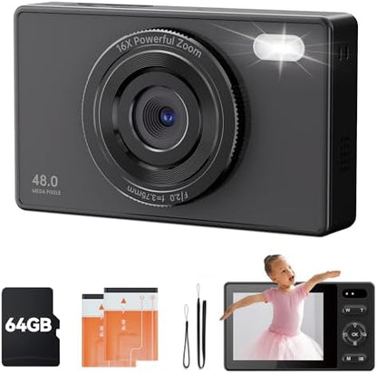 64GB Digital Camera for Kids Photography: 48MP Mini Camera Anti Shake 1080P Video Camera Autofocus 16X Zoom Anti Shake Point and Shoot Camera 2 Batteries Gift for Kid Student Beginner Black