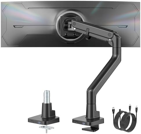 monTEK Heavy-Duty Monitor Arm for 17-57" Ultrawide Curved Screen, Supports up to 59.4 lbs, Adjustable Gas Spring Arm, 75/100 VESA Mount, Clamp & Grommet Desk Monitor Mount Single, Black