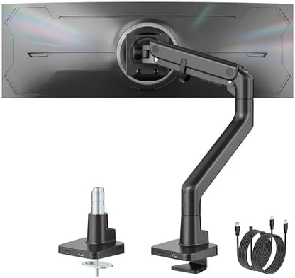 monTEK Heavy-Duty Monitor Arm for 17-57" Ultrawide Curved Screen, Supports up to 59.4 lbs, Adjustable Gas Spring Arm, 75/100 VESA Mount, Clamp & Grommet Desk Monitor Mount Single, Black