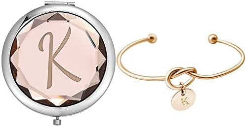 Compact Crystal Pocket Makeup Mirrors Set - Letter Mirror and Love Knot Bracelets for Bachelorette Party, Bridesmaid Proposal, Wedding Gifts (Champagne-B)