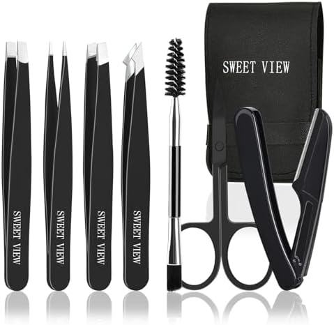 SWEET VIEW 7pcs Eyebrow Tweezers Set, Stainless Steel Tweezers for Women and Man, Precision Plucker Tweezers for Facial Hair, Chin, Eyebrow, Splinter and Ingrown Hair Removal