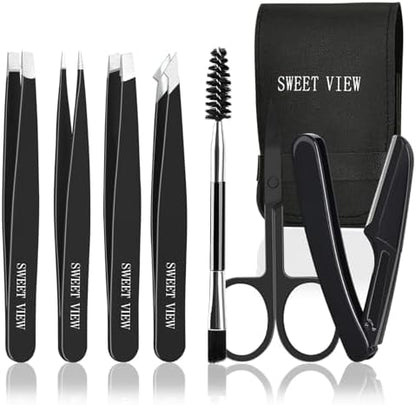 SWEET VIEW 7pcs Eyebrow Tweezers Set, Stainless Steel Tweezers for Women and Man, Precision Plucker Tweezers for Facial Hair, Chin, Eyebrow, Splinter and Ingrown Hair Removal